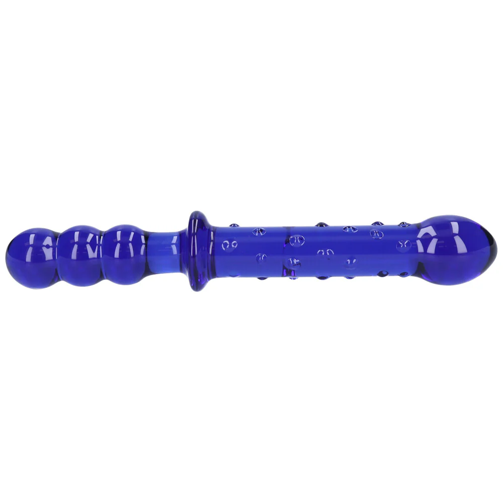 Blue Textured Dual-Ended Glass Dildo - Image 4